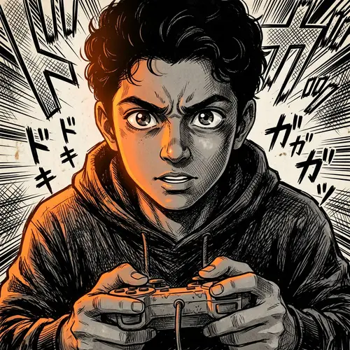 Intense Gamer Boy in Japanese Manga Style | Orange Neon Theme