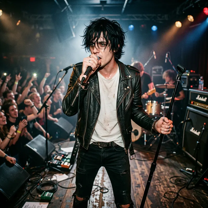 Gerard Way: Rock 'n' Roll Musician in Black Jacket - Singer with Microphone Gerard Way: Rock 'n' Roll Musician in Black Jacket - Singer with Microphone