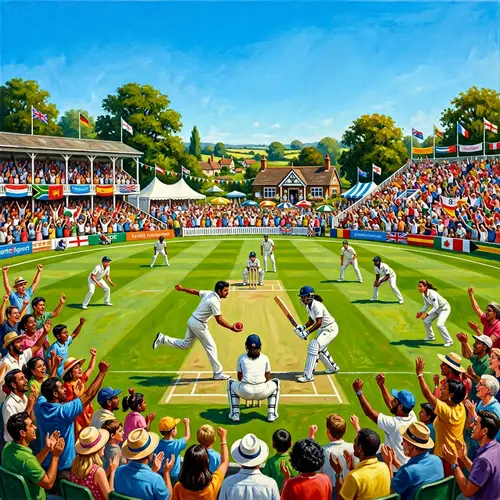 Sunny Day Cricket Match Painting | Diverse Athletes and Spectators
