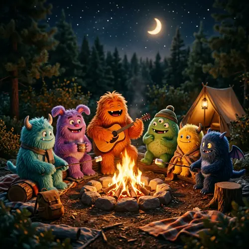 Friendly Fuzzy Monsters Gathering Around Campfire