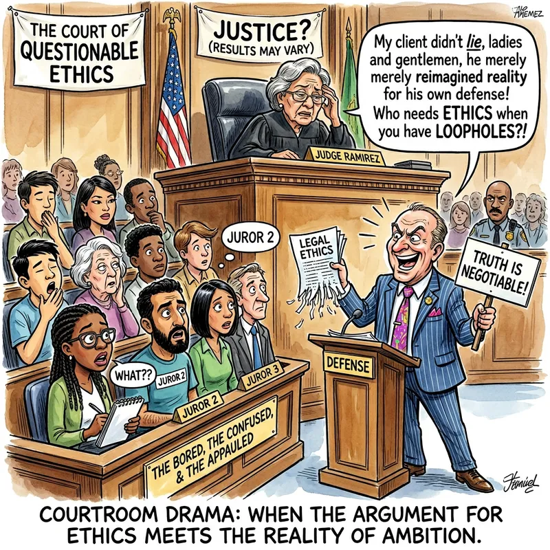 Humorous Political Cartoon: Legal Ethics & Diverse Characters Humorous Political Cartoon: Legal Ethics & Diverse Characters