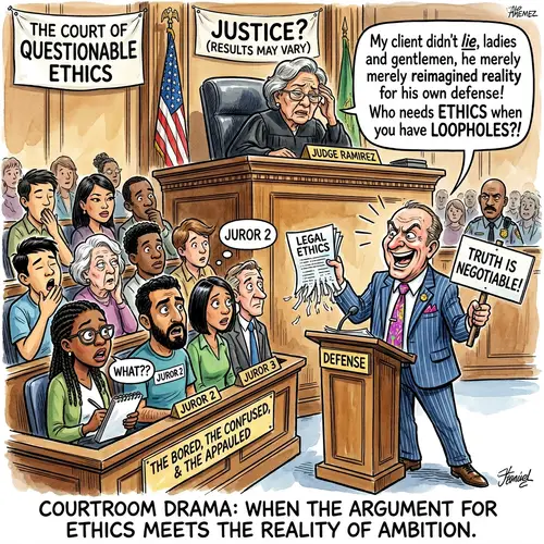 Humorous Legal Ethics Cartoon | Diverse Characters in a Courtroom