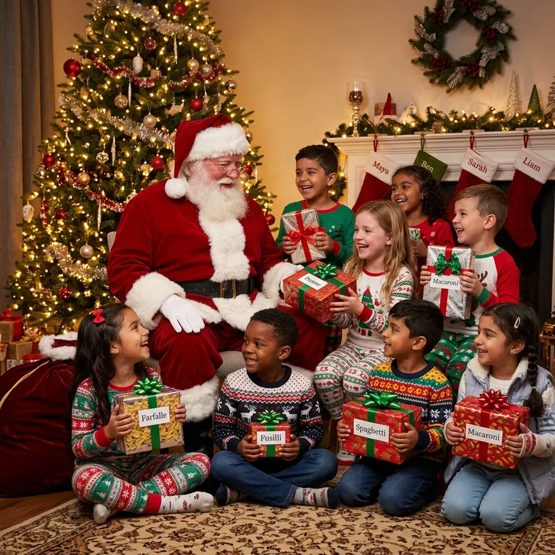 Santa Claus Gifts Kids with Special Pasta Presents