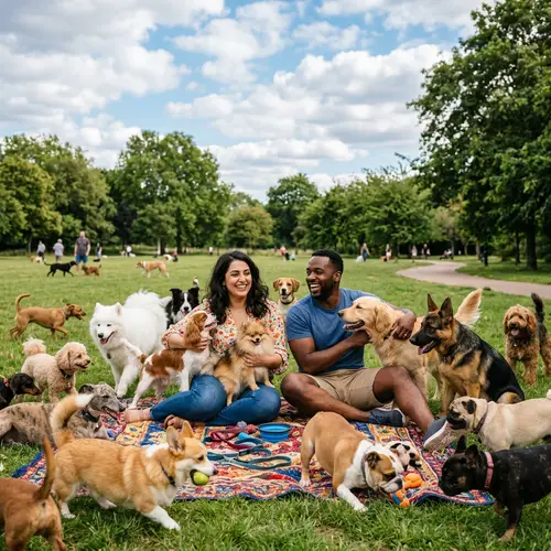 Colorful Picnic Blanket in Park with Various Dog Breeds