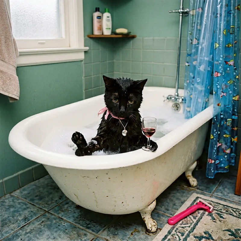 Sad Cat in Tub: A Unique Oil Painting