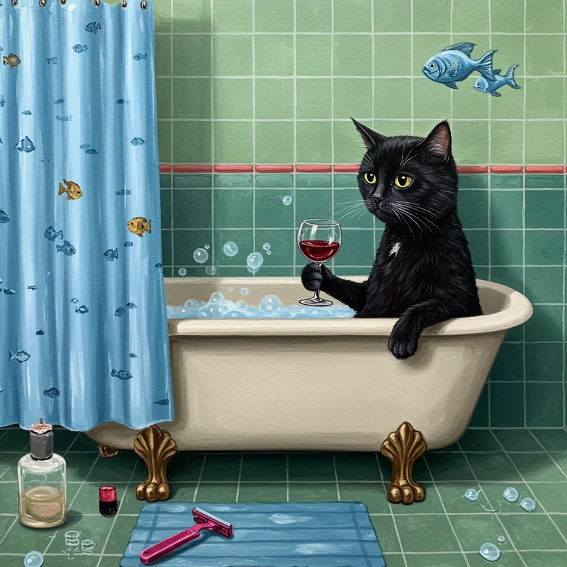 Sad Cat in Tub: A Unique Oil Painting