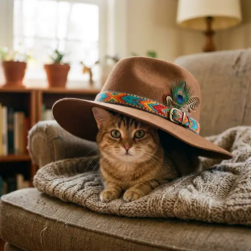 Adorable Cat in Oversized Hat - Playful and Intriguing Moment