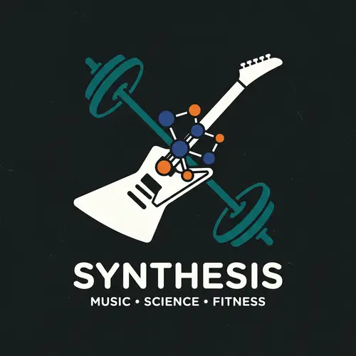 Sleek Logo Design with Molecular Structure, Guitar & Barbell