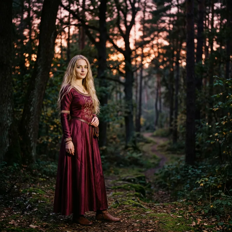 Enigmatic Blonde Lilith in Medieval Burgundy Silk Dress