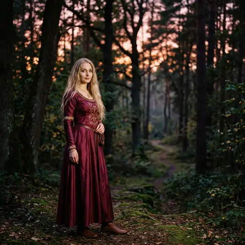 Enigmatic Medieval Maiden in Burgundy Silk Dress