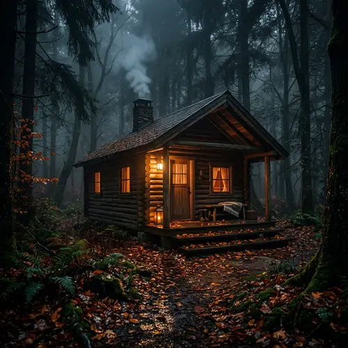 Relaxing Nighttime Forest Wooden House
