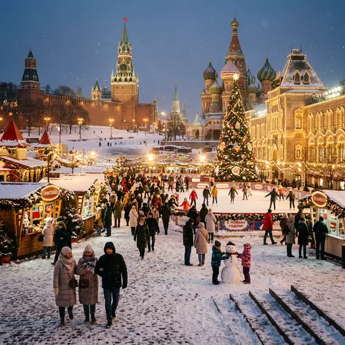 Christmas Holiday Scene in Moscow, Russia - Festive Snowy Cityscape
