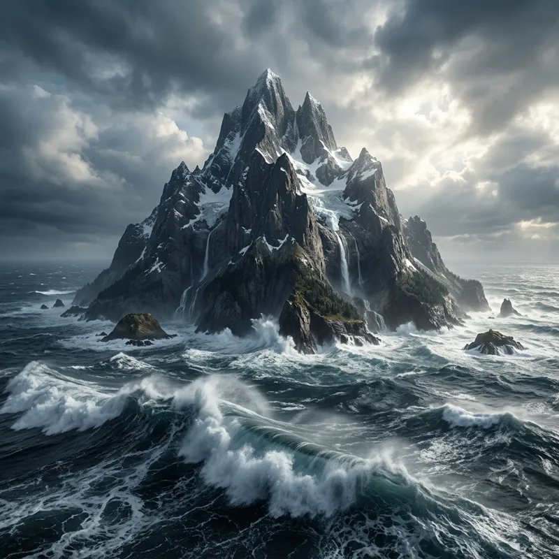 Majestic 3D Mountain in Turbulent Sea