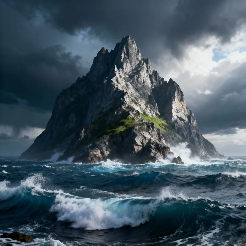 Majestic 3D Mountain in Turbulent Sea