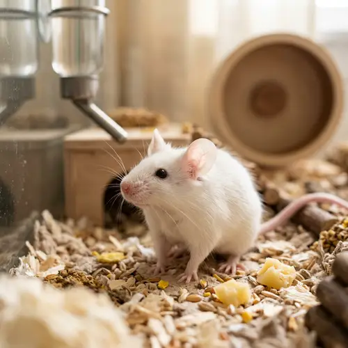 Fluffy White Mouse - Curious Tiny Creature in a Cozy Habitat