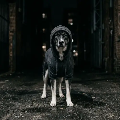 Realistic Dog Wearing Hood in Dark Background