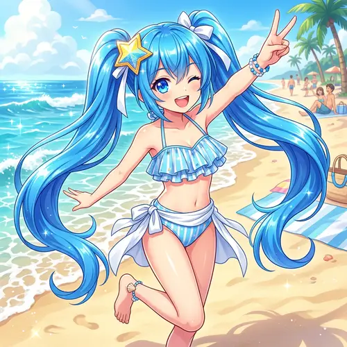 Anime-Style Character with Bright Blue Hair in Swimsuit