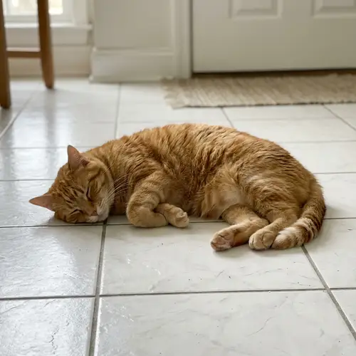 Realistic Orange Cat on White Tile Floor