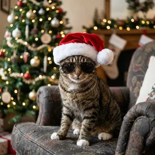 Realistic Cat with Sunglasses and Christmas Hat