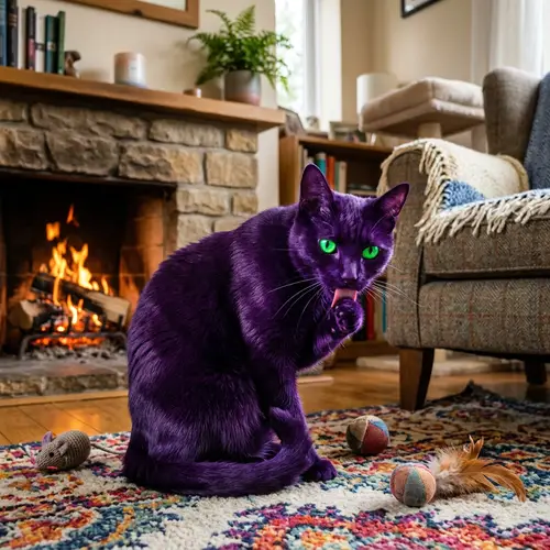 Vibrant Purple Cat with Green Eyes | Cozy Indoor Scene
