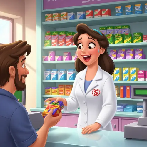 Cheerful Pharmacist Offering Colorful Medicines