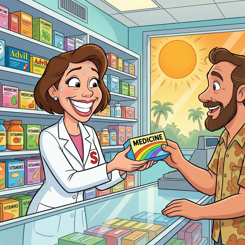 Cheerful Pharmacist Offering Colorful Medicines
