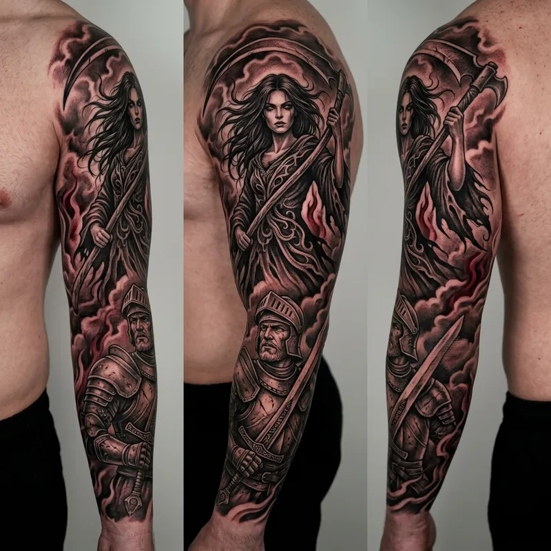 Reaper Girl and Knight Tattoo Sleeve Design: Powerful Visual Narrative