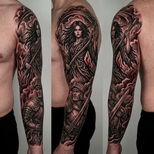 Reaper Girl and Knight Tattoo Sleeve Design: Mortality and Fate