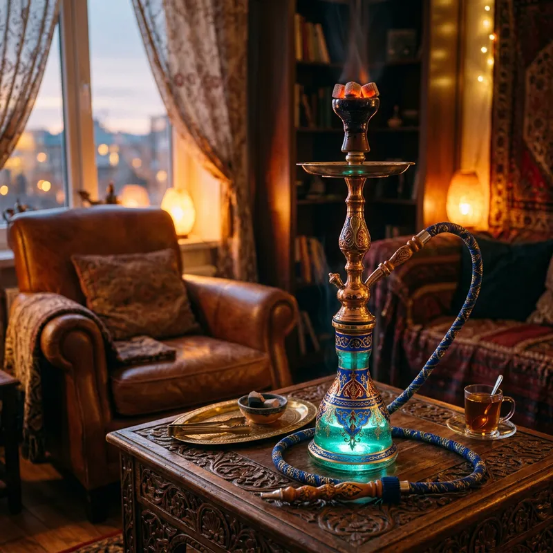 Luxurious Enamelled Hookah on Ornate Wooden Table