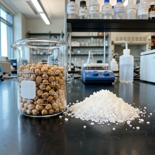 Glass Beaker with Tan Beans and White Salt on Laboratory Countertop