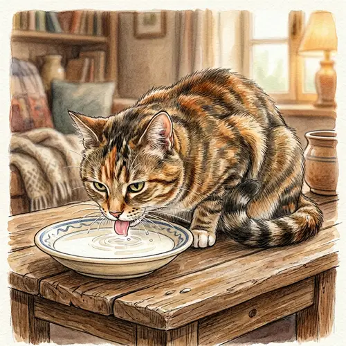 Mixed Fur Color Cat Drinking Milk on Wooden Table
