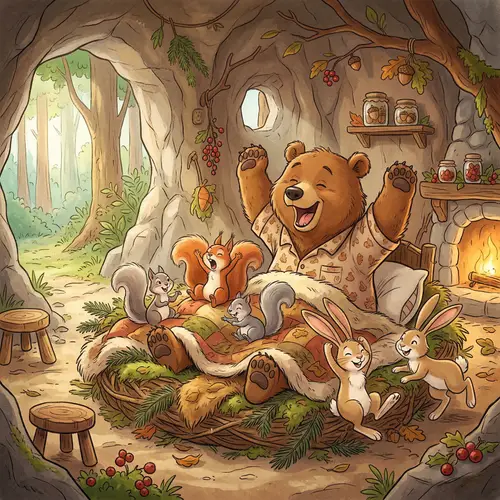 Cartoon Bear Wakes Up with Friends