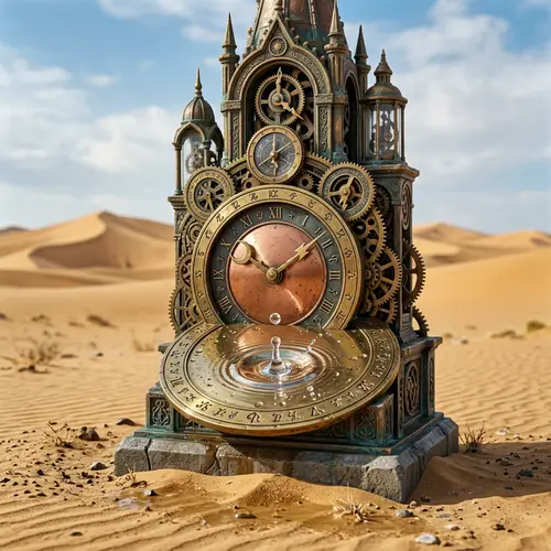 Fantastical Clock Monument in Desert with Raindrop