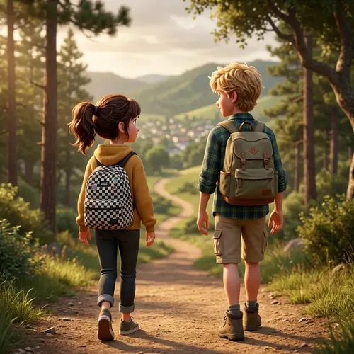 Pixar-Style Animated Scene with Brunette Girl and Tall Blond Boy