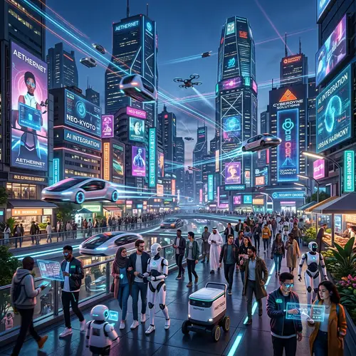Future Technology Cityscape: Bustling Metropolis with AI and Diversity