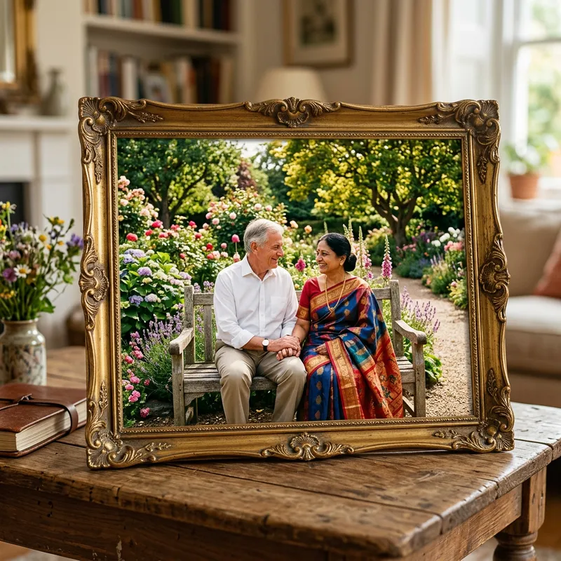 Intergenerational Bliss: Elderly Caucasian Man and South Asian Woman in Serene Garden
