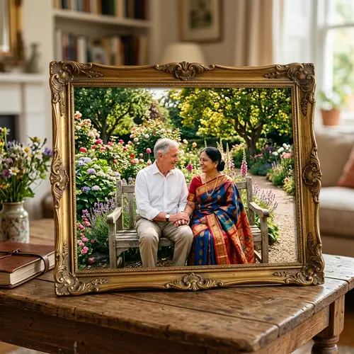 Timeless Moment: Elderly Caucasian Man and South Asian Woman Smiling in Garden