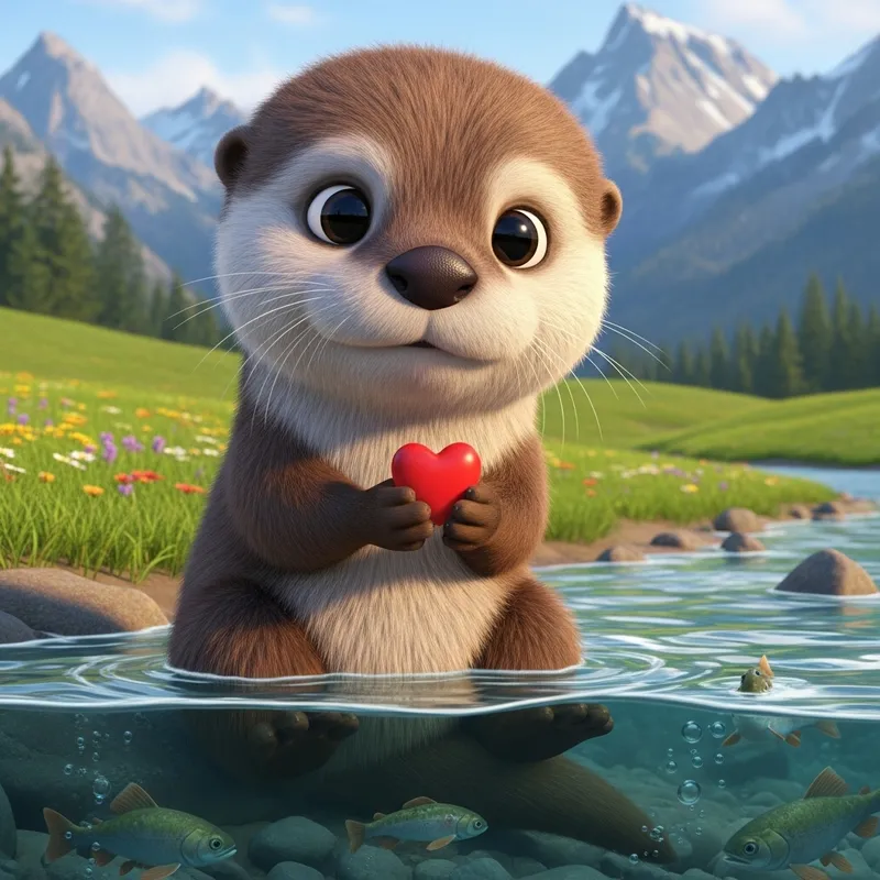Cute Animated Baby Otter Holding a Heart