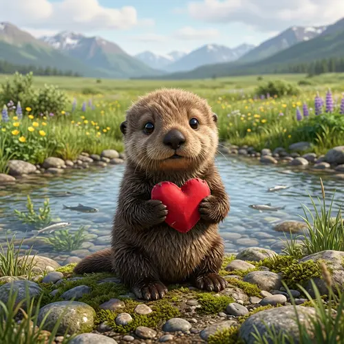 Cute Animated Baby Otter Holding a Heart