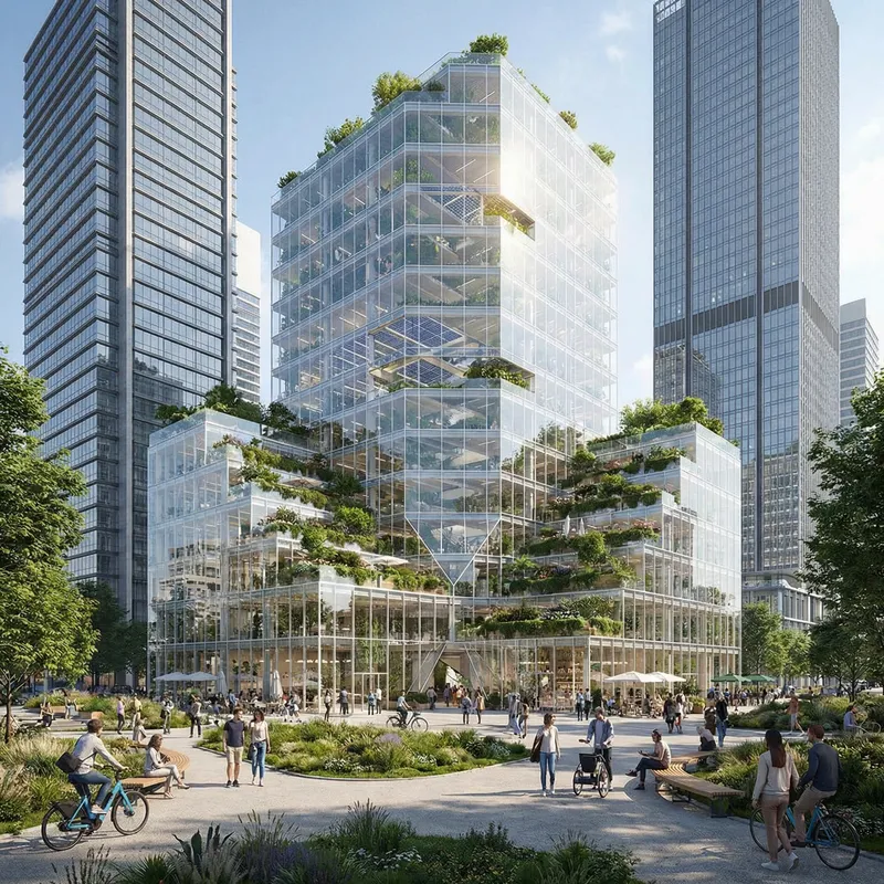 Innovative Eco-City Building with Green Roofs