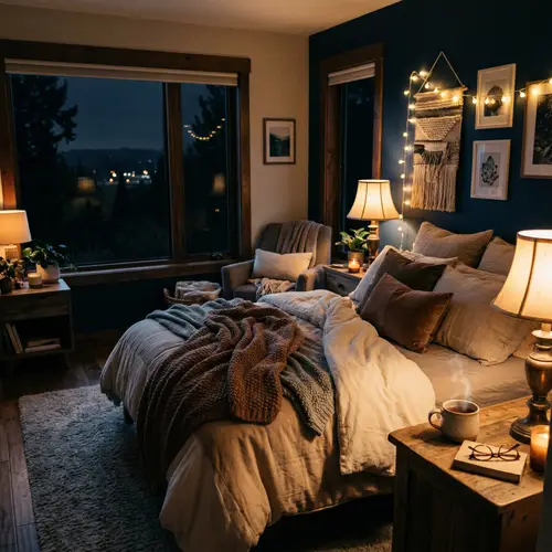 Cozy Bedroom with Dim Lights and Dark Views
