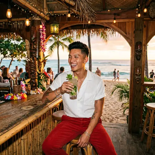 Male Pop Star Enjoying Mojito at Hawaiian Tiki Bar
