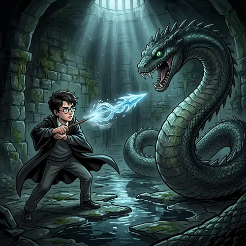 Wizard Boy Battles Basilisk in Medieval Chamber