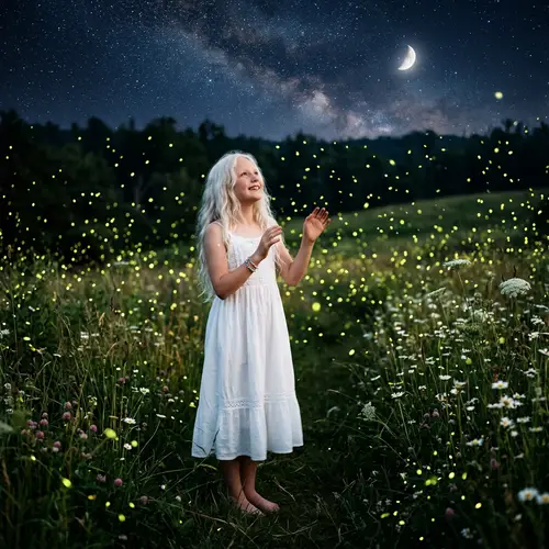 12-Year-Old Girl in White Dress Under Starry Sky