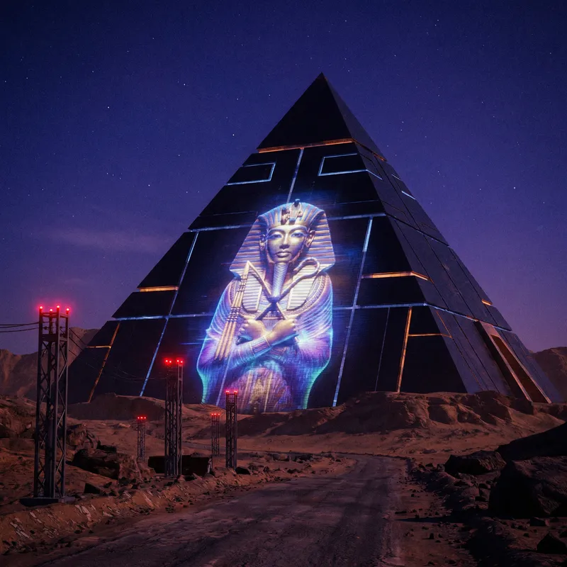 Glowing Priestess on Modern Egyptian Pyramid at Night