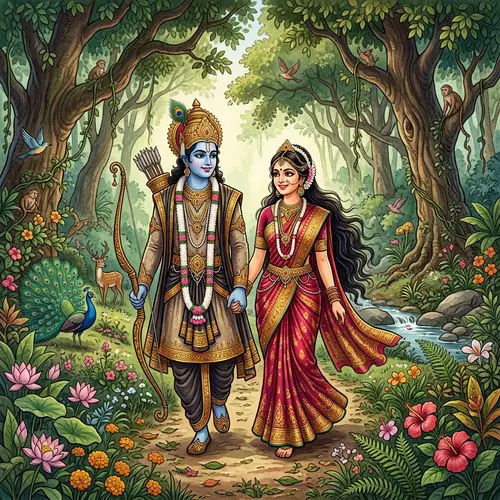 Sita and Rama: Mythological Figures in Beautiful Forest