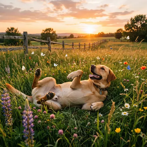 Labrador Retriever Dog Lounging in Meadow at Sunset
