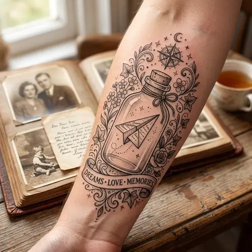 Intricately Crafted Tattoo Design Symbolizing Dreams, Love, Memories