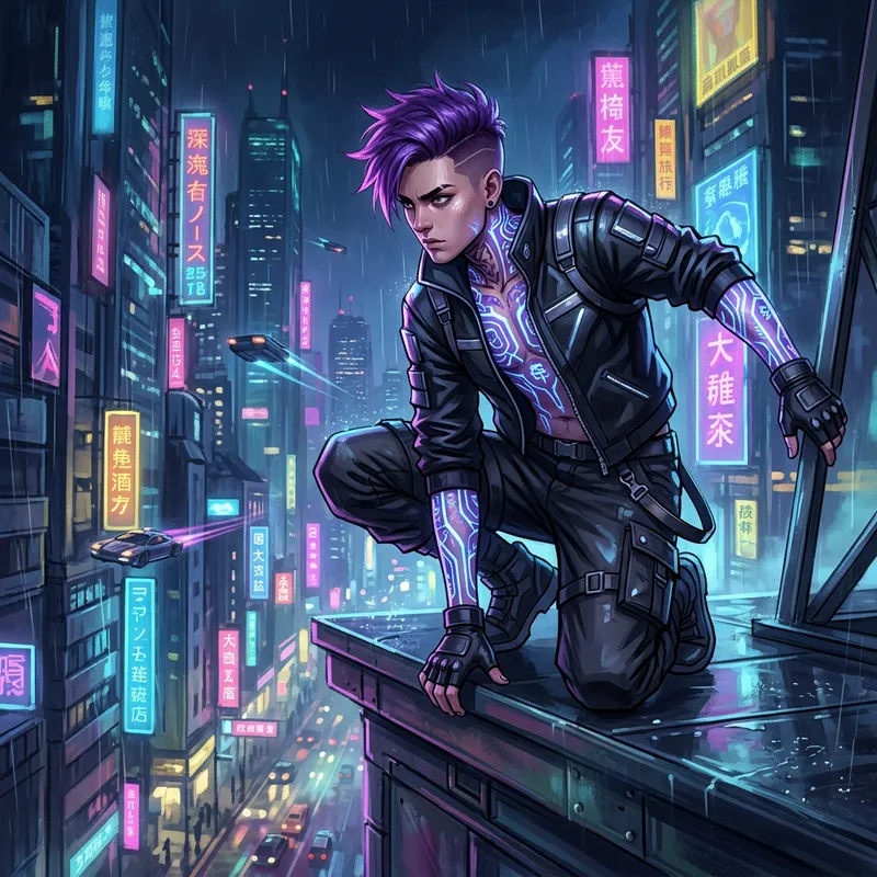 Neon Cyberpunk Cityscape with Purple-Haired Male Neon Cyberpunk Cityscape with Purple-Haired Male