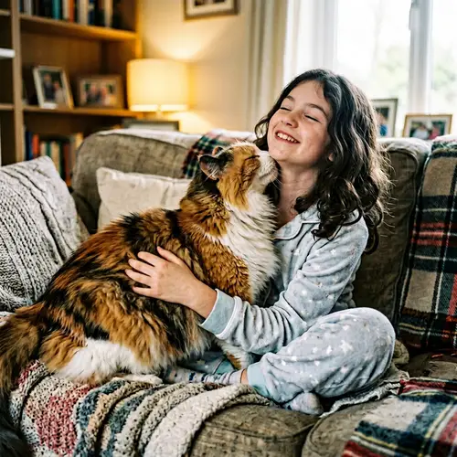 Cuddly Human-Sized Cat and Dark-Haired Girl